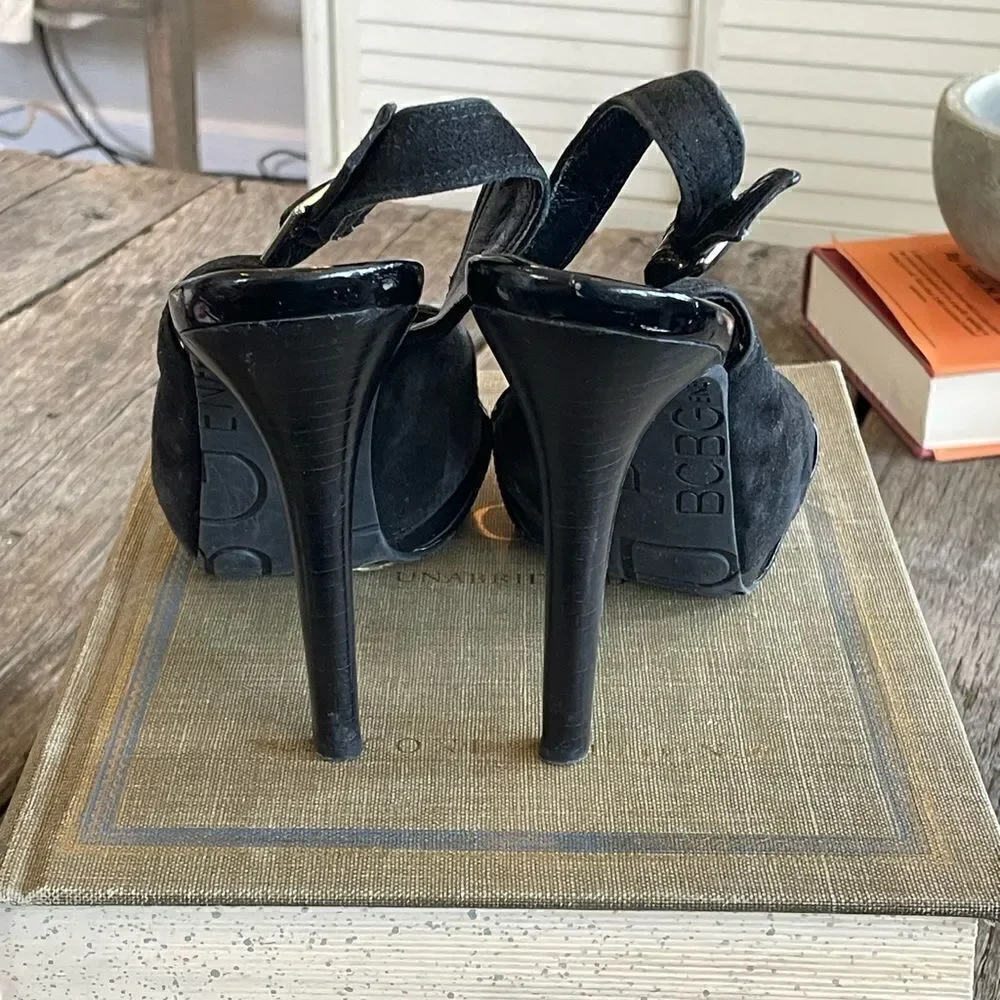 Pre-Owed BCBGEneration Womens Black Open Toe Slingback Upper Leather Heels Sz 8